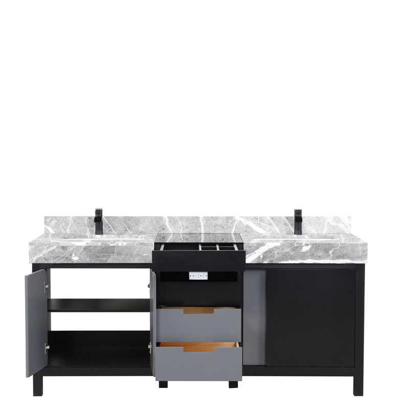 Meuble-lavabo double 72 po x 22 po - noir + gris, marbre gris, robinet mat, 72 po Et comptoir en marbre, teinture incluse