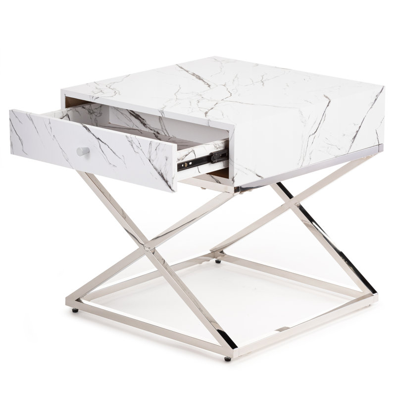 Glenam 55cm W Stainless Steel Bedside Table, White, Silver