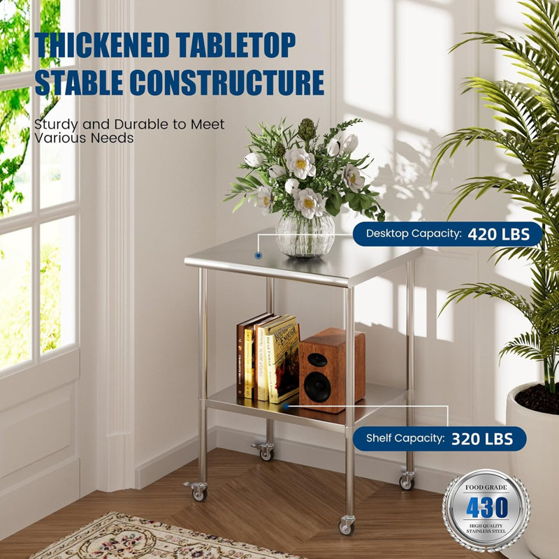 Table de travail en acier inoxydable de 24 po x 30 po avec tablettes réglables pour roulettes pour la cuisine, l'extérieur, le restaurant, l'hôtel et le garage