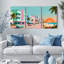 Ensemble de 3 tableaux sur toile Art déco représentant une scène de plage à Miami-25926256