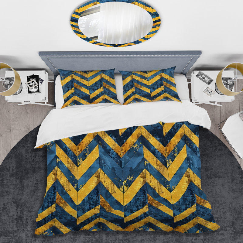 Blue Gold Chevron Print II - Ensemble de housse de couette moderne, Housse de couette très grand et 2 très grandes t