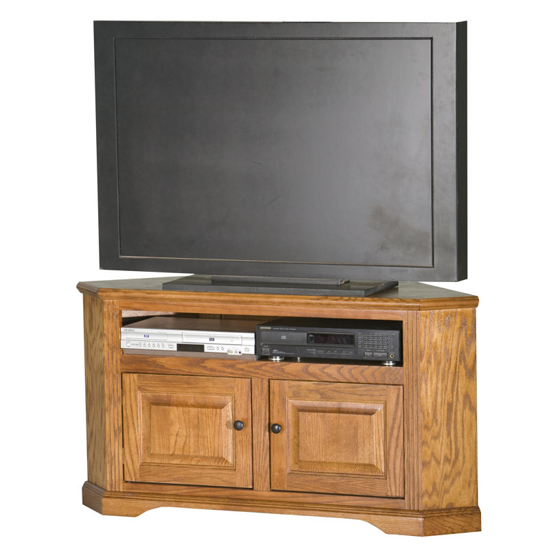 Rafeef Unfinished Corner TV Stand for TVs up to 55", Medium Oak, Plain Glass