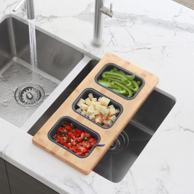 Kitchen Sink Bamboo Serving Board Set With 3 Collapsible Containers