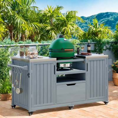 Outdoor Kitchen Island With Stainless Steel Top, 1 Drawer, Storage Shelves, Sturdy Spice Rack, Paper Towel Rack, 5 S-hook Hangers, And A Bottle Opener