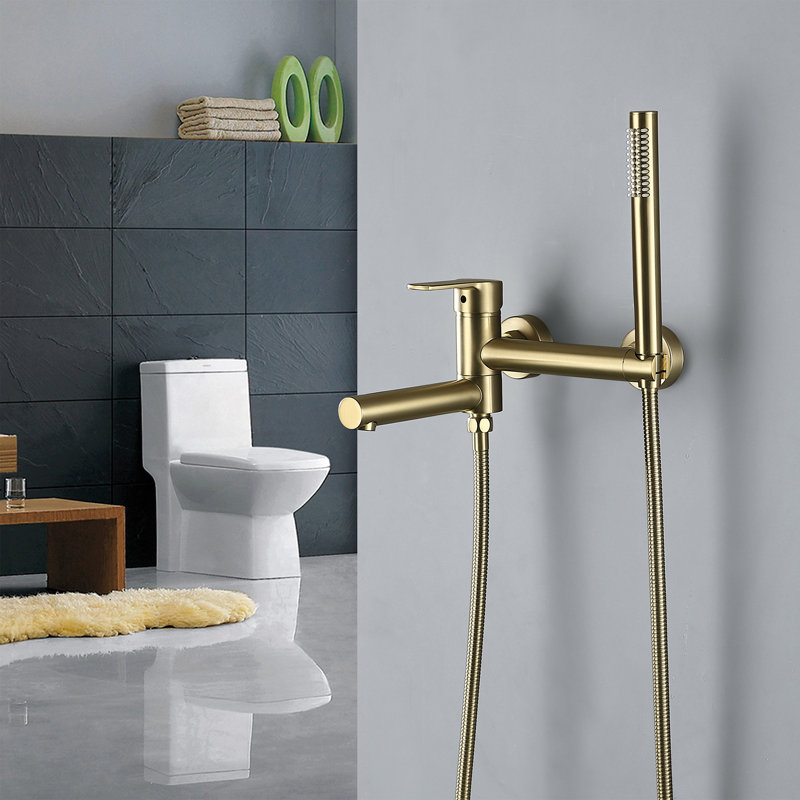 Solid Brass Wall Mounted Tub Faucet with Adjustable Tub Spout And Handheld Shower, Brushed Gold