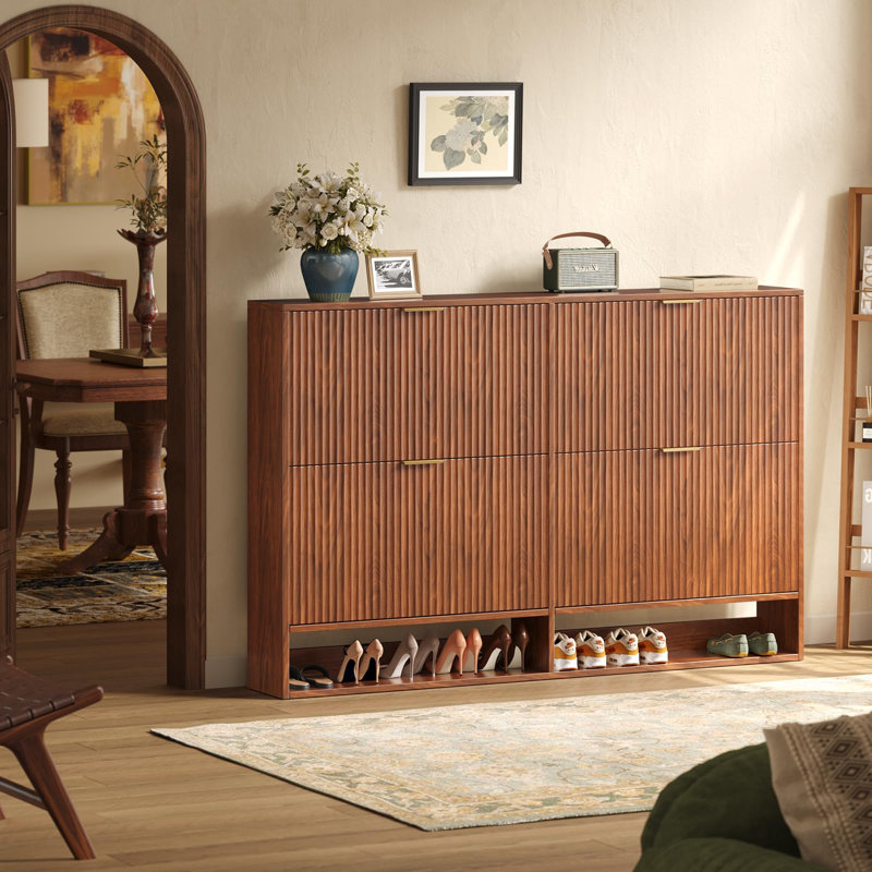 47.2''w Shoe Storage Cabinet For Entryway With 4 Flip Drawers, Fluted Slim Shoe Cabinet For Foyer, Hallway, Walnut Wood