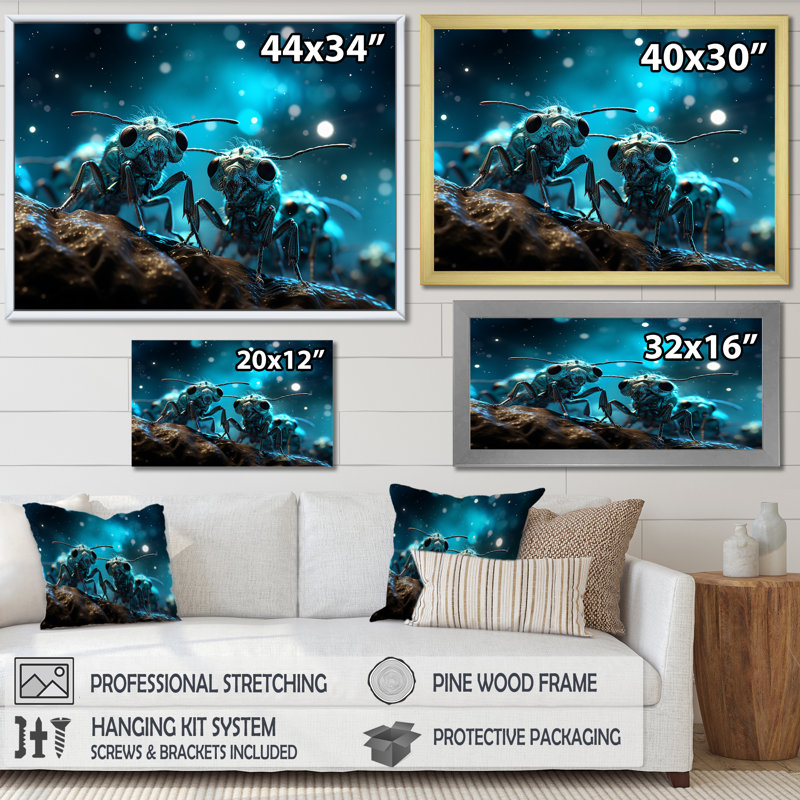 Fourmis lunaires argentées sur toile, Toile tendue, H 12 po x l 20 po x P 1 po