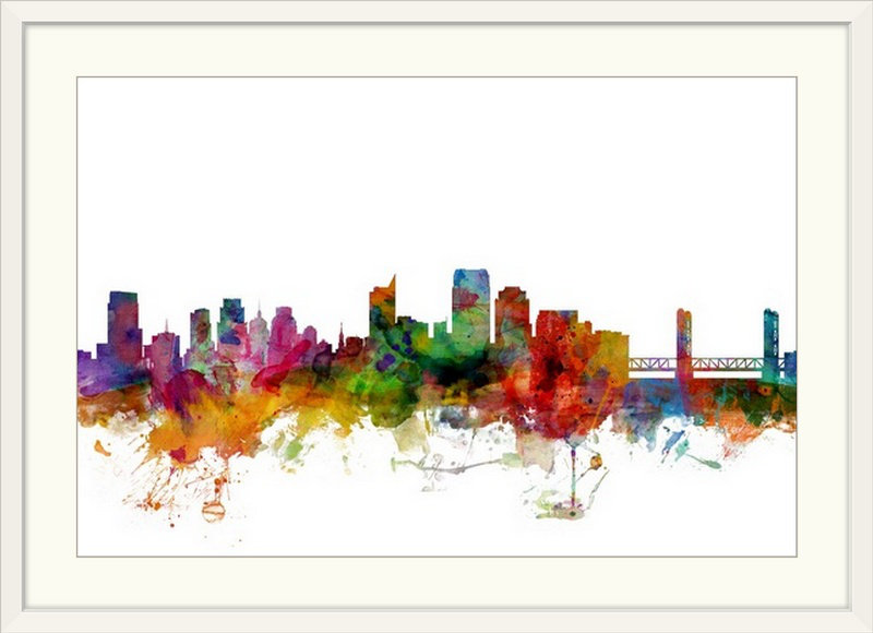 «Sacramento California Skyline» par Francy, impression, Cadre blanc, H 32 po x l 44 po x P 1 po
