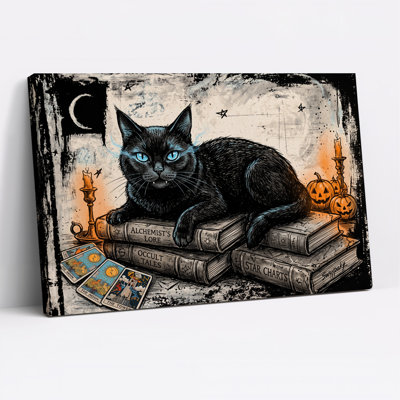 Art sur toile, "Chat noir sur pile de livres occultes et citrouilles"