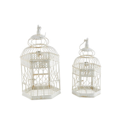 Normanhurst Cream Metal Distressed Wire Decorative Scroll Birdcage with Latch Lock Closure and Hanging Hook Set of 2