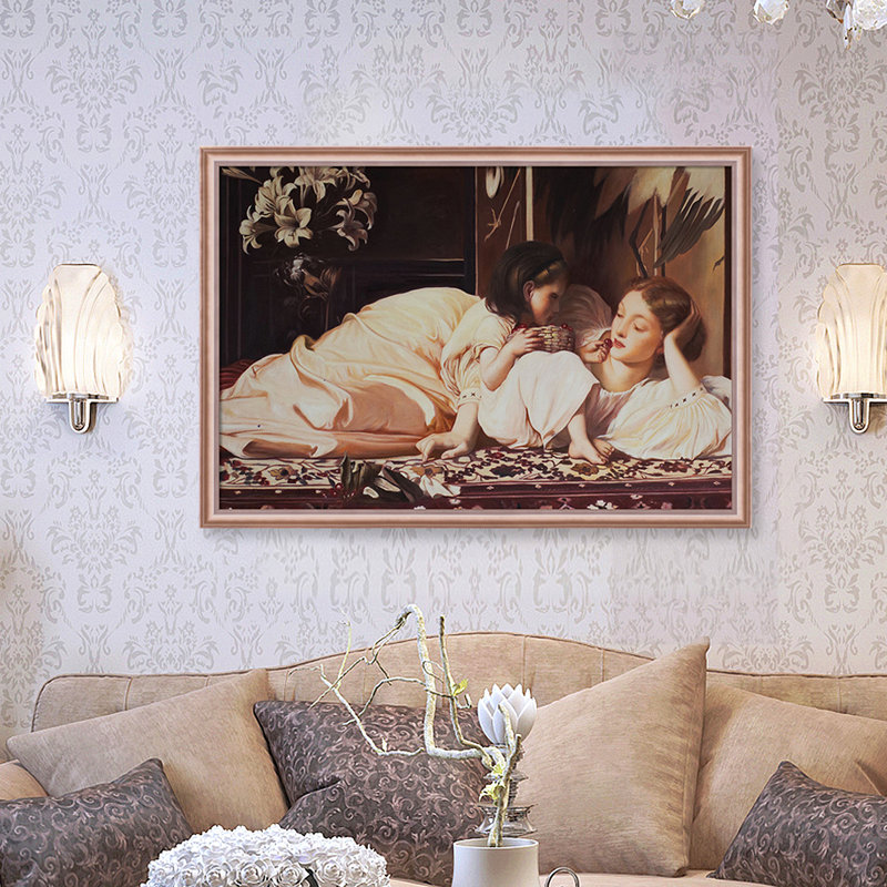 Mère et enfant, reproduction d'art sur toile, H 27 po x l 39 po x P 2 po, Cadre à plumes en ébène