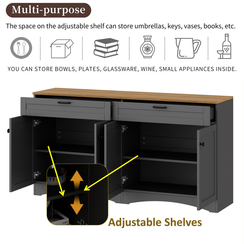 Farmhouse Sideboard With Adjustable Shelves And Rustic Handles, Gray