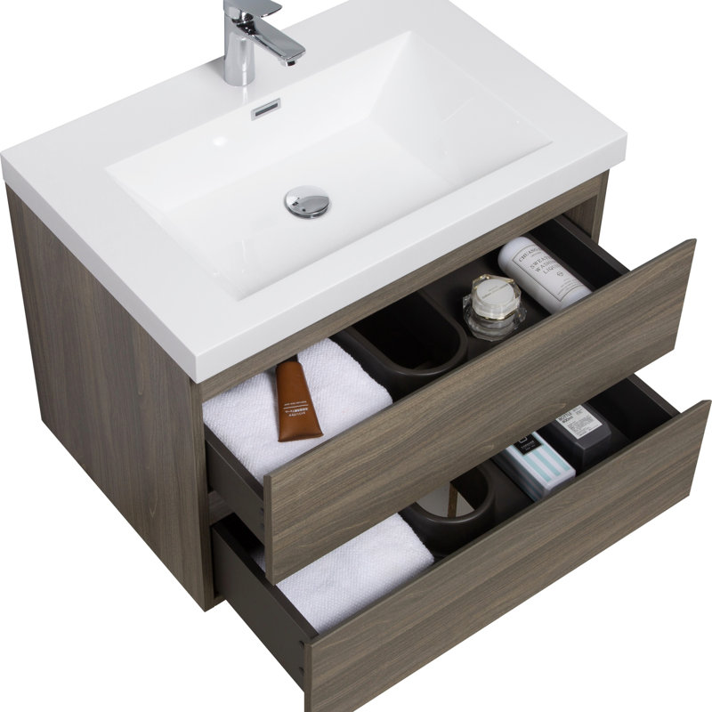 Meuble-lavabo flottant avec lavabo, meuble-lavabo mural moderne avec lavabo en résine et tiroirs à fermeture en douceur, Gris