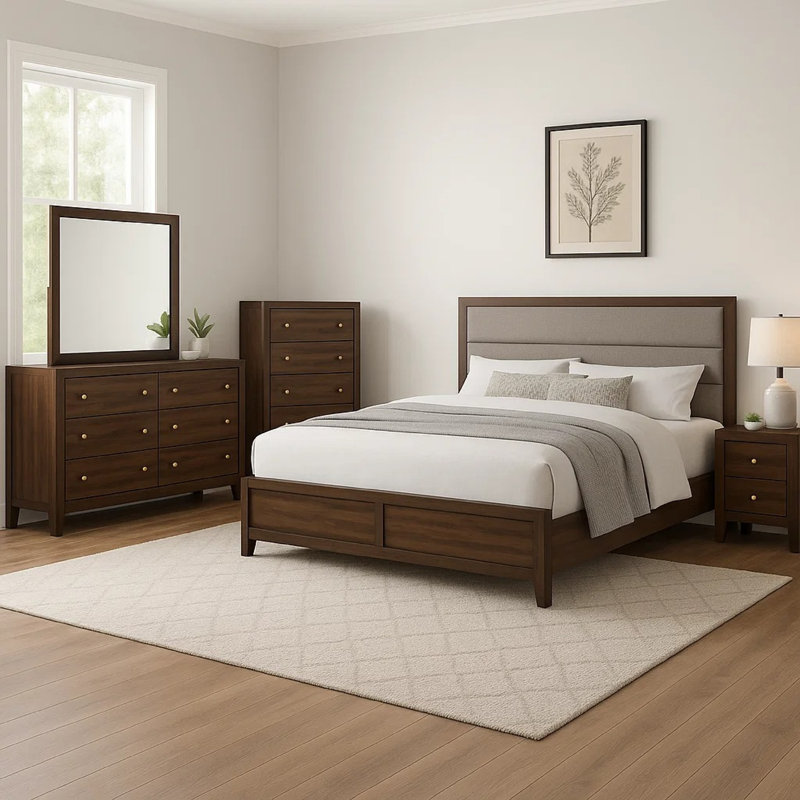 Ensemble de chambre avec très grand lit 5 pièces Yels, revêtement gris, bois brun noyer, Grand