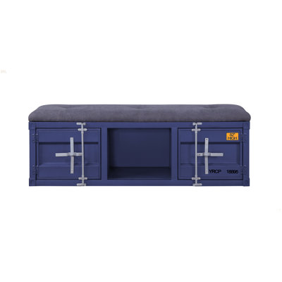 Banc de rangement de style industriel gris et bleu avec amplement d'espace pour la fabrication d'articles de chambre à coucher