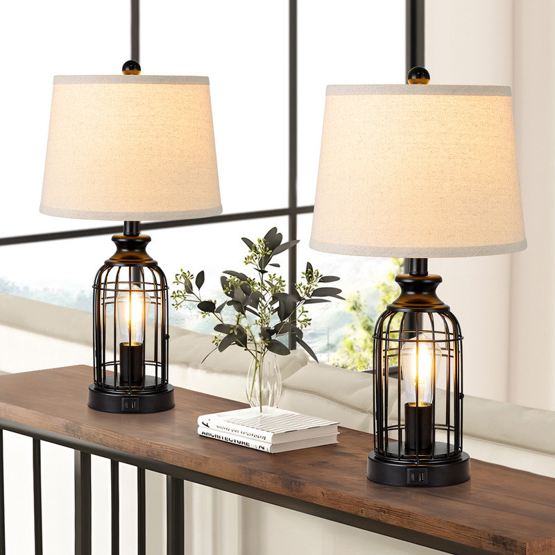 Jeadon Metal Bird Cage, 3 Way Dimmable, Night Light Table Lamps with USB Port, Matte Black
