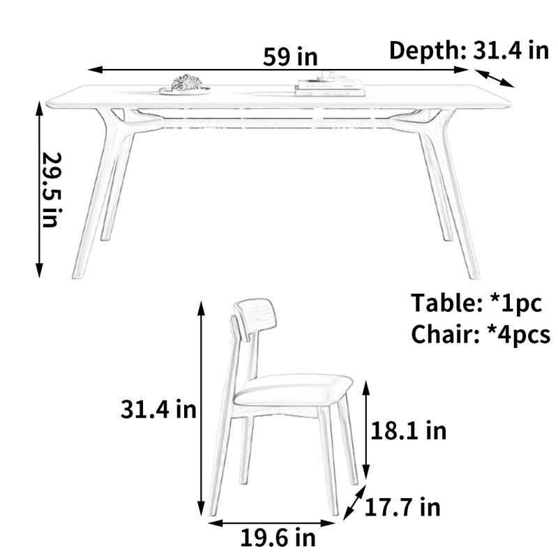 Table et chaise de salle à manger de style crème, H 29,5 po x L 59 po x l 31,4 po