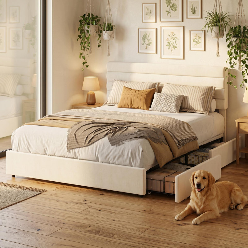 Queen Size Bed Frame, Velvet Upholstered Platform Storage Bed with 4 Drawers, Wooden Slats Support, No Box Spring Needed, Easy Assembly, Beige