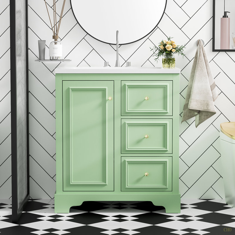 Armoire de meuble-lavabo 30 po avec lavabo en céramique, 3 tiroirs et tablettes réglables, Vert