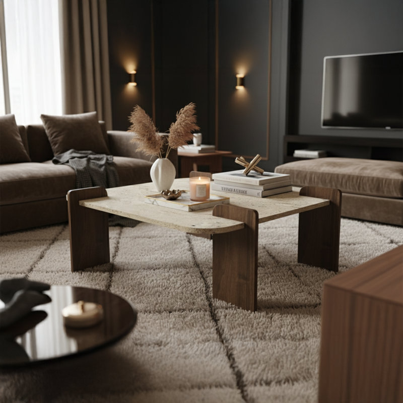 Table basse carrée en travertin et noyer, Travertin noyer, Beige