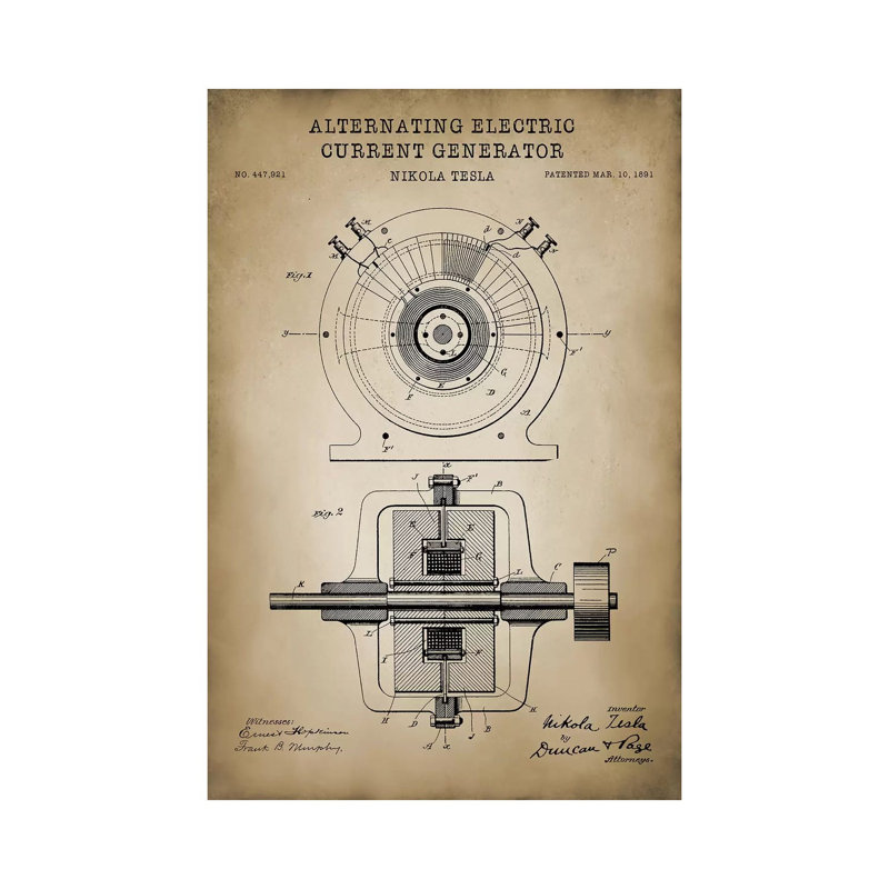 Tesla Alternating Electric Current Generator, Beige by PatentPrintStore - Wrapped Canvas Print