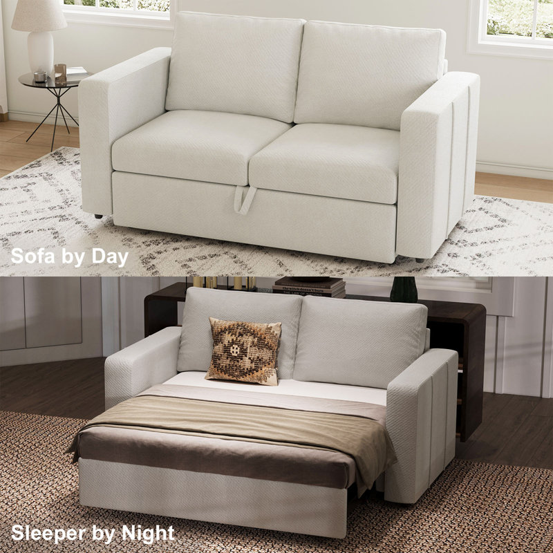 Rafael 2 Seats Fabric Sectional Pull Out Sofa Memory Foam Mudular Sofa For Living Room, Beige Chenille