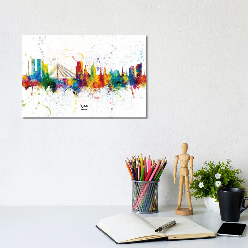 Riga Latvia Skyline Splash by Michael Tompsett - Wrapped Canvas Print, 20.32 cm H x 30.48 cm W