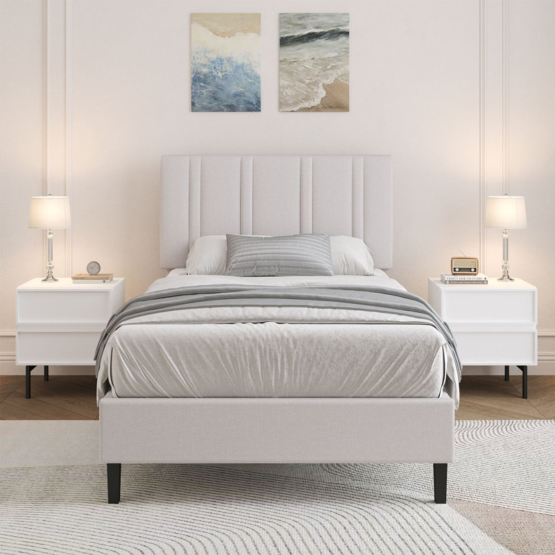 Tête de lit capitonnée, lits plateforme tapissiers avec support en lattes de bois, structure de lit en tissu, Simple, Crème