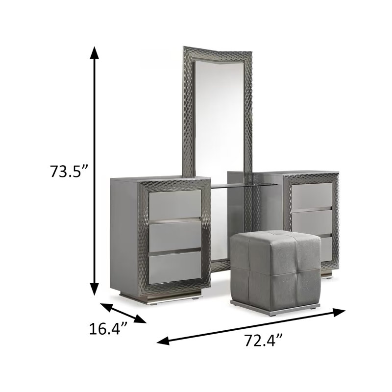 72.4" W Glam Vanity Set W/ Stool, Gray