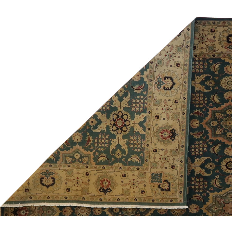 Oriental Hand-Knotted Wool Blue/Ivory Area Rug, Rectangle 12'1" x 14'8"