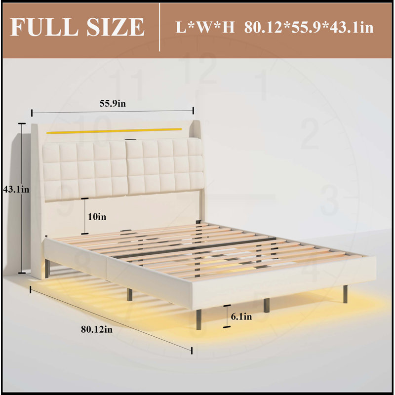 Structure de lit flottant double avec lumière DEL et station de charge, lit plateforme tapissier, grand lit, tête de lit, rangement dissimulé, aucun sommier nécessaire, beige