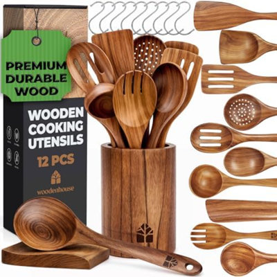 Wooden Spoons For Cooking – Wooden Cooking Utensils Set With Holder, Spoon Rest & Hooks, Teak Wood Nonstick Kitchen Cookware – Durable Set Of 12Pcs