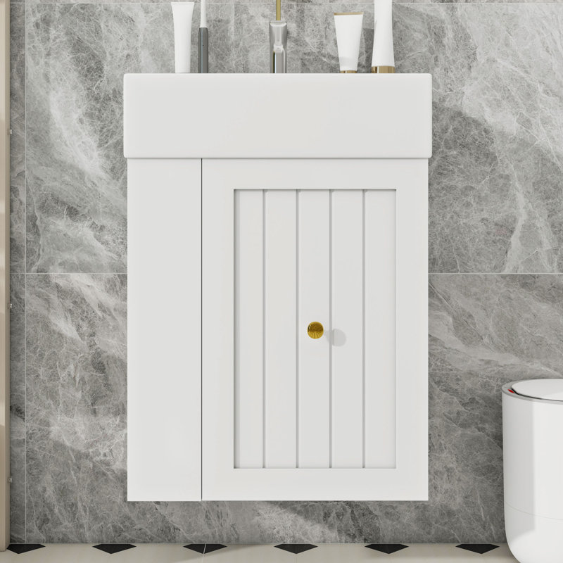 Meuble-lavabo de salle de bain avec lavabo en céramique, tablette latérale et tiroir de rangement, Blanc