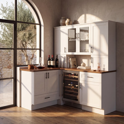 Table de bar en L 71 po avec huche, portes en verre et armoire de rangement pour bar et salle à manger