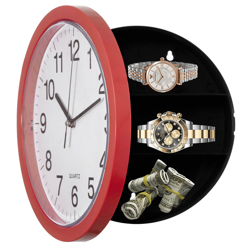 Horloge murale 10 po avec porte de rangement cachée Ebern Designs, Rouge