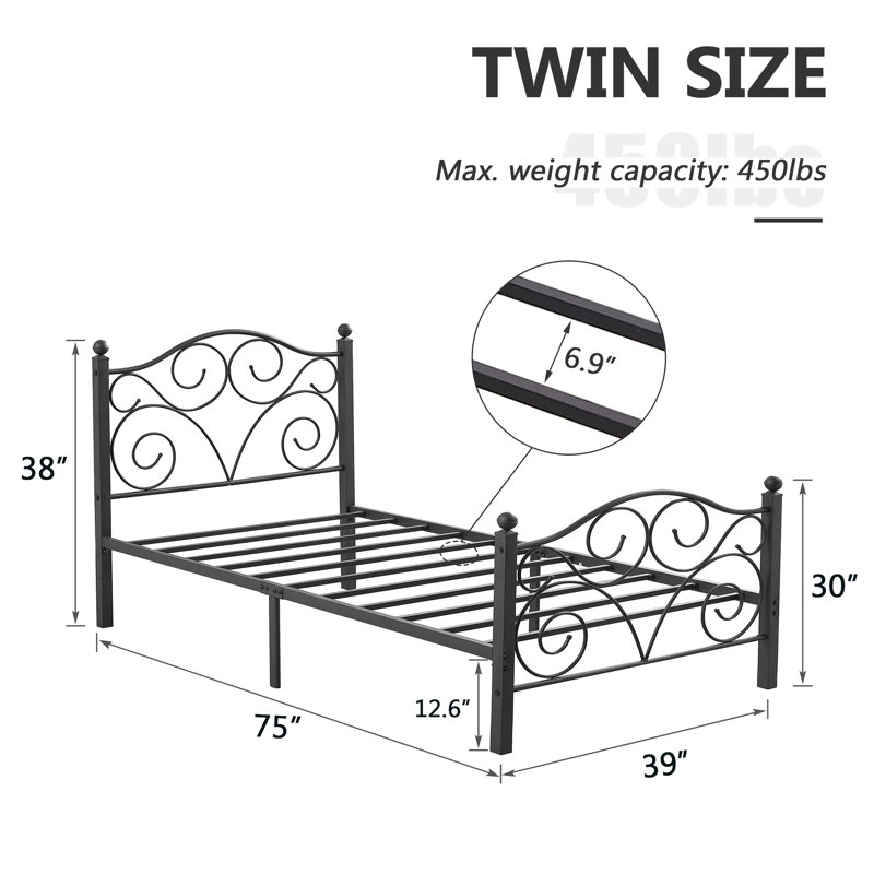 Mouin 2-Piece Metal Twin Bed Frame Set with Decorative Headboard and Footboard, Victorian Style Black Platform Bed with Heavy-duty Slats Support, No Box Spring Needed