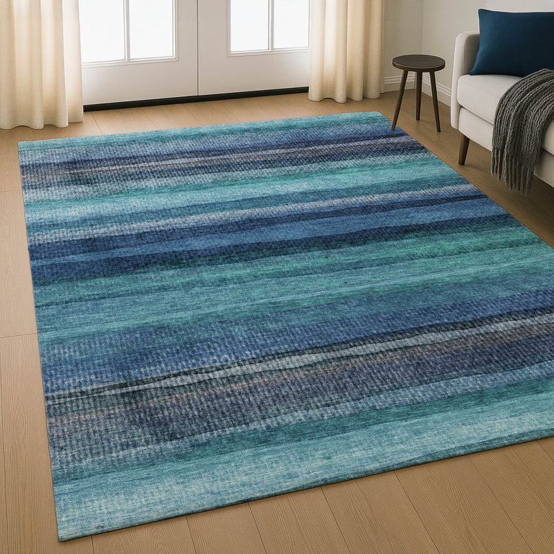 Premium Machine Washable Mayfield AMF2093 Striped Rug, Teal, 2'6" x 3'10"