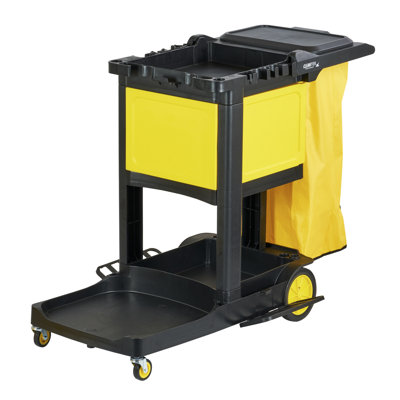 Chariot de conciergerie professionnel à 3 tablettes avec roulettes, 1 chariot de nettoyage avec couvercle et sac de 21 gallons - Comprend 1 armoire verrouillable simple, chariot de conciergerie en plastique gris robuste