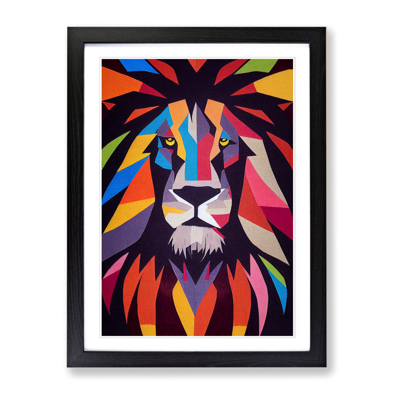 Lion Patchwork - Single Picture Frame Print, Black, 64cm H x 46cm W x 2cm D