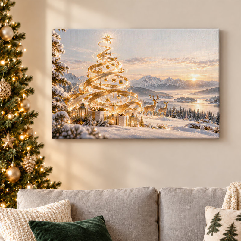 Toile dorée en spirale avec cerf et montagnes enneigées, 16"H x 24"W