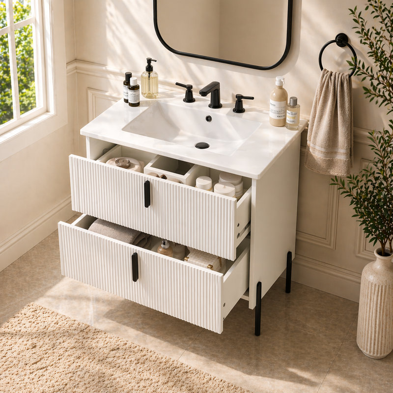 Meuble-lavabo simple 30 po avec lavabo en céramique, base blanche cannelée, tiroirs à fermeture en douceur à extension complète