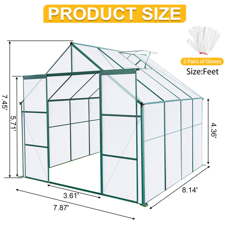 Serre en polycarbonate de 8 pi x 8 pi pour l'extérieur, avec base galvanisée, système de ventilation dans toutes les saisons, serre robuste, bonnes plantes d'extérieur