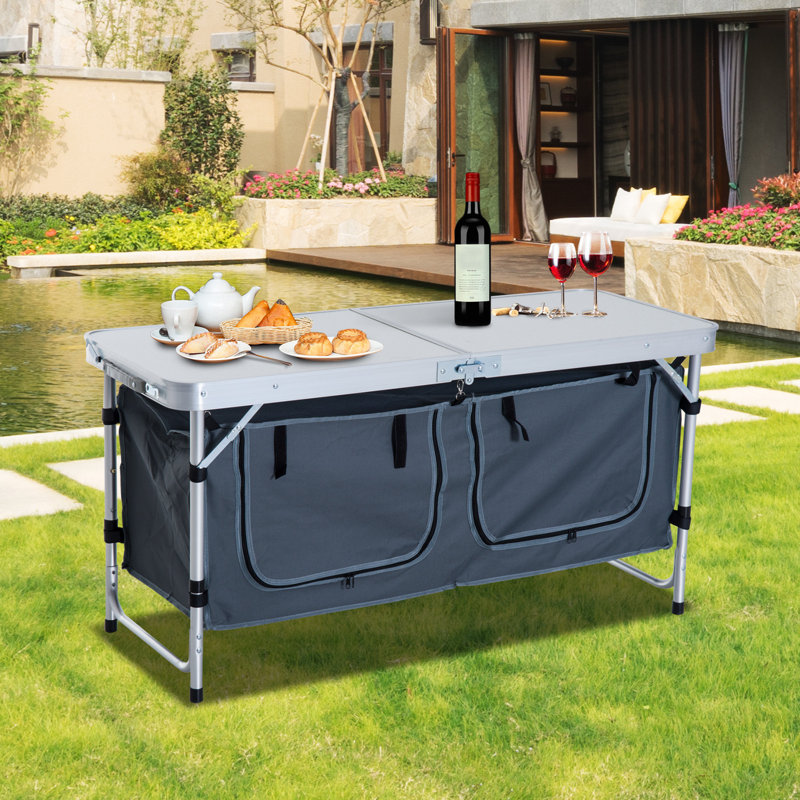 Table de camping pliante en aluminium Outsunny de 47 po, table de pique-nique extérieure à hauteur réglable avec poignée de transport et rangement