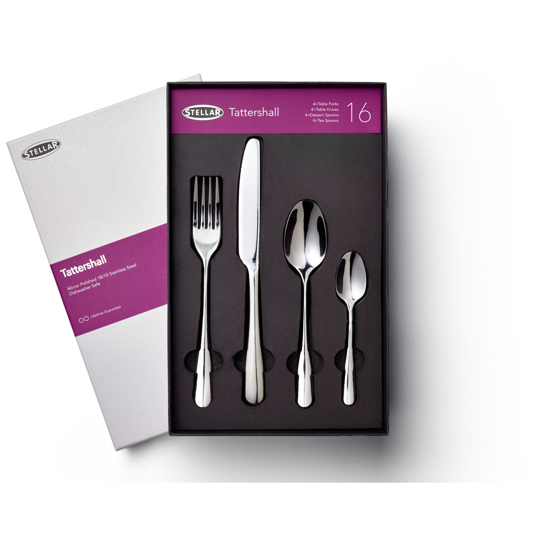 Stellar 16 Piece 18/10 Stainless Steel Cutlery Set. Table Settings for 4, Tattershall Design