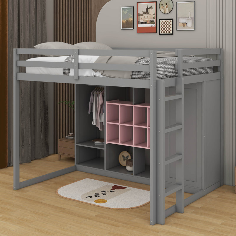 Lit mezzanine en bois pleine grandeur avec garde-robe, tablettes et armoire, Gris / Rose