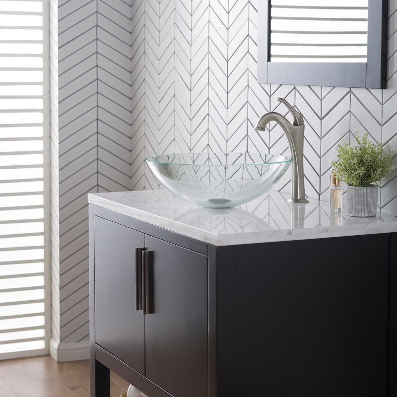 Glass Circular Vessel Bathroom Sink with Faucet, Brushed Nickel