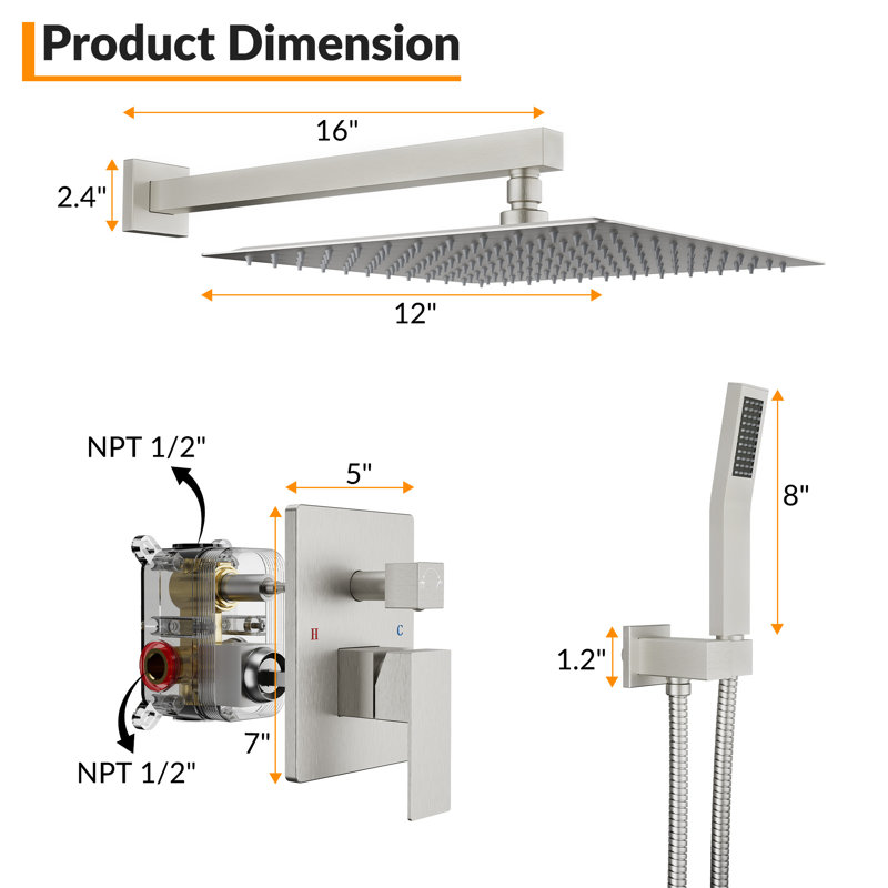 Bathroom Rain Shower System, 12 Inch Rainfall Shower Head with Handheld Spray And Pressure-Balanced Valve, Wall Mount Shower Head and Handle Set