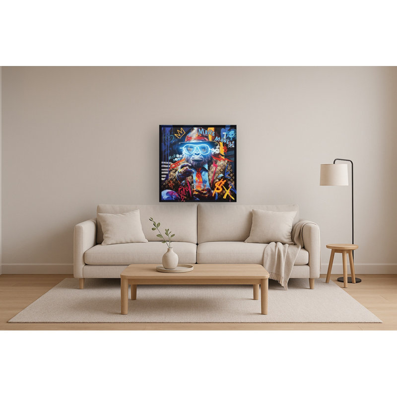 Art mural en néon sur toile, "More monkey", 33 "x 33" - cadre noir