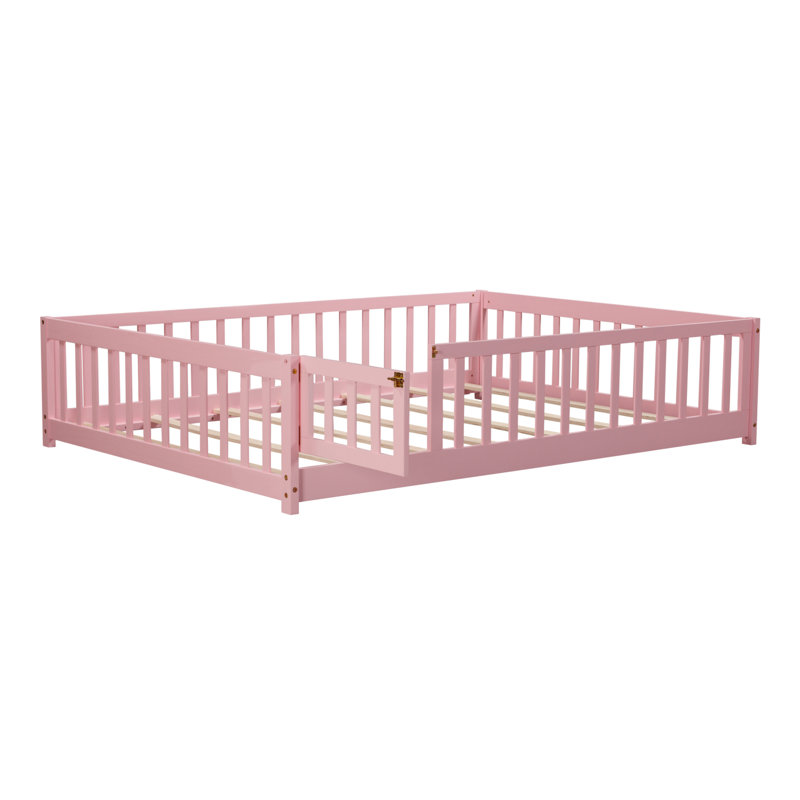 Lit de plancher avec clôture et porte, lit de plancher en bois d'hévéa avec garde-corps de sécurité, Rose foncé