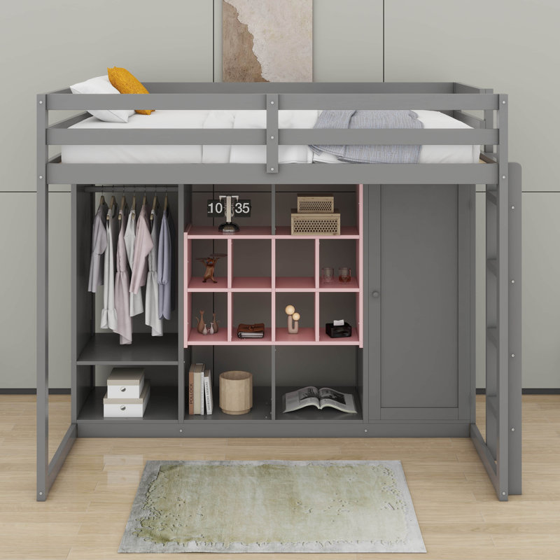 Twin Size  Loft Bed With Shelves,Cabinet And Wardrobe, Gray/Pink